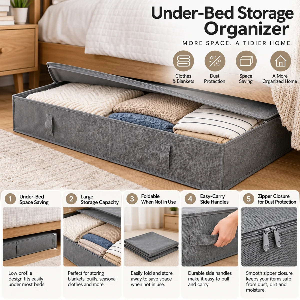 Under Bed Storage Organizer Box | Large Foldable Clothes Storage Bag With Zipper